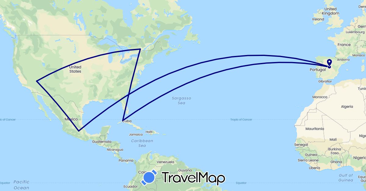 TravelMap itinerary: driving in Canada, Cuba, Spain, Mexico, United States (Europe, North America)